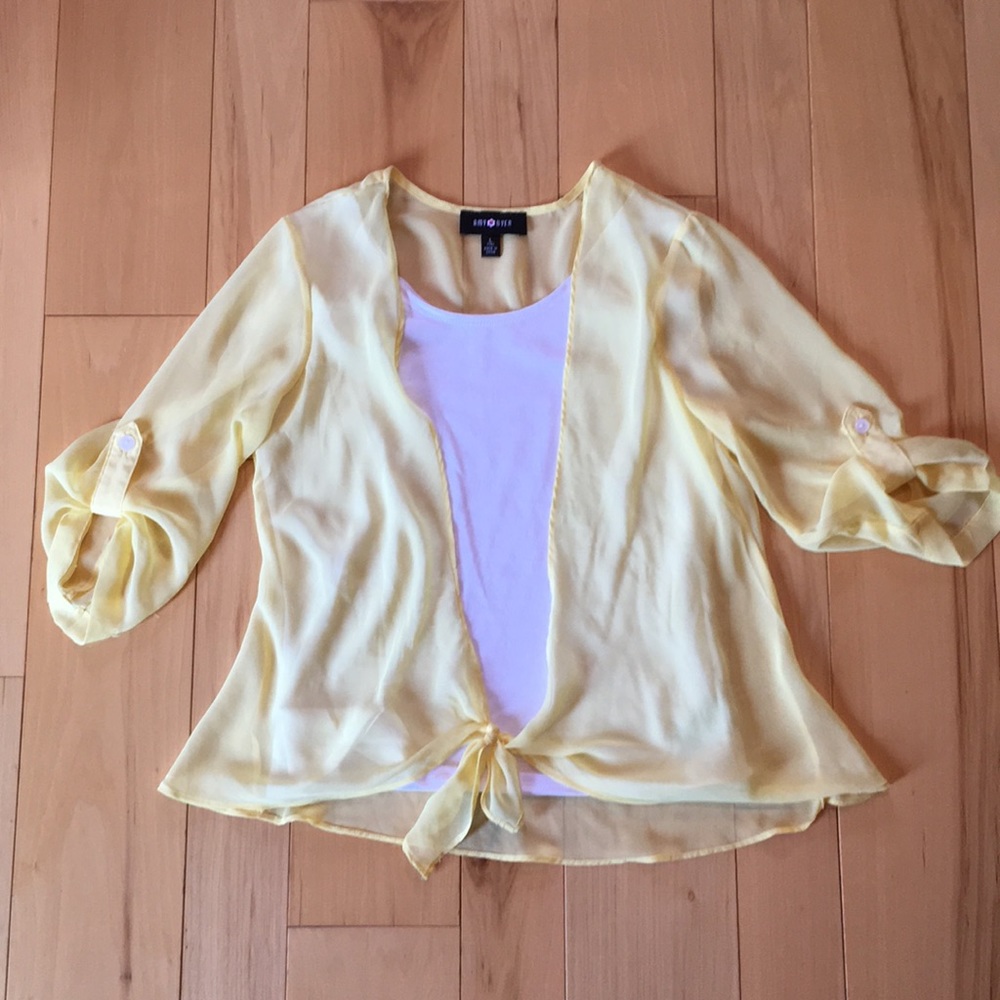 Sheer yellow blouse with button up sleeves L (14)